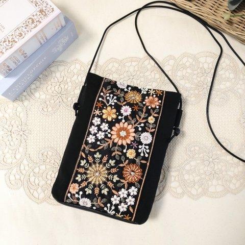 =new=インド刺繍リボン✕帆布　サコッシュ　ブラック　b