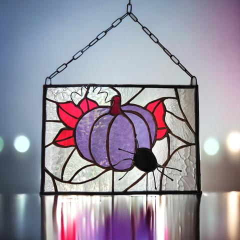 壁掛け　アンティーク風　窓飾り　サンキャッチャー　ステンドグラスパネル　秋　季節の飾り　ハロウィン　パンプキン　インテリア雑貨　かぼちゃ　一点のもの　送料無料　　