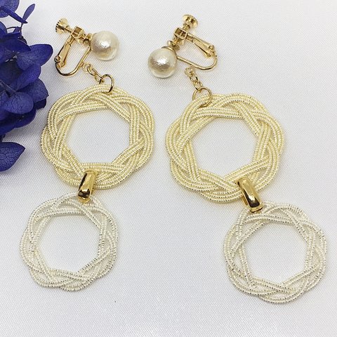 上品コットンパール♡ハニーイエロー&ホワイト水引のフルールイヤリング/ピアス/樹脂ピアス/樹脂イヤリング