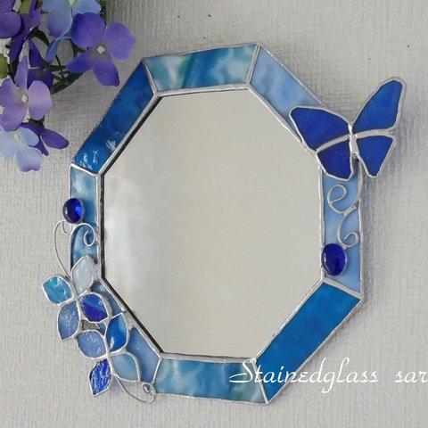 ✴︎:.｡. 青い花と青い蝶の八角形鏡（size20/Max25）　