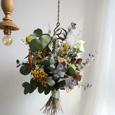 春の花とユーカリの吊り下げスワッグ、花束、ブーケ、母の日、贈り物、ドライフラワー