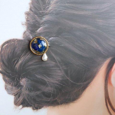 ラピスラズリ 金箔 レジン【石のきもち】 ゴールド ビーズ ヘアゴム ブラウン 天然石