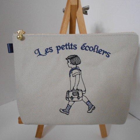 通学のフランスの女の子刺繍の帆布のポーチ　ネイビー１６㎝18㎝２０㎝
