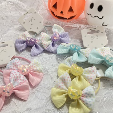 キラキラ ハート♡ rainbow ribbon  ヘアゴム  キッズ　ハロウィン