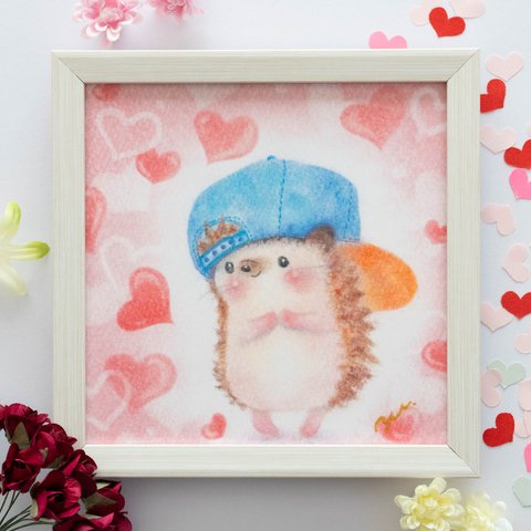 【複製画】「ハリネズミくんのバレンタイン」　パステルアート　動物　ハート　ピンク　かわいい　イラスト