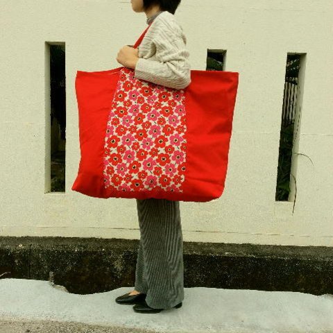 【レギュラーサイズ】洗える！ポップフラワー（赤）お昼寝布団バッグ