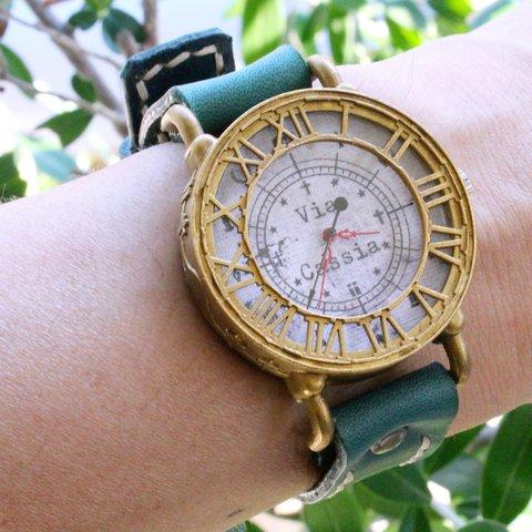 手作り腕時計　Via Cassia(アンティークケース Gray文字盤 & Green)   --- アンティークでシンプルな男性、女性兼用腕時計。ベルトは牛革を使用。
