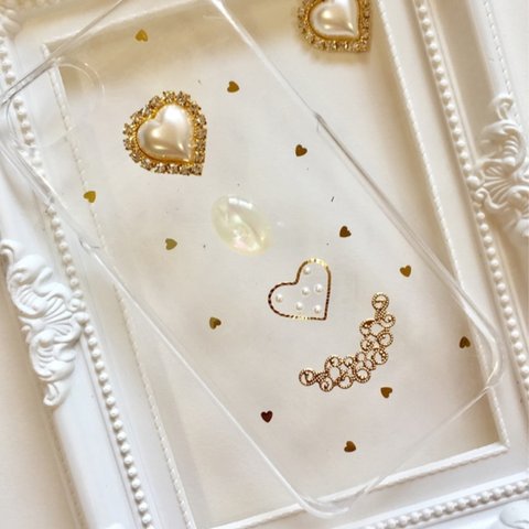 gold heart   アイフォンケース  スマホケース  アンティーク   デコ ハート パール  ハンドメイド 姫系   