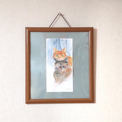 手描き 猫の絵 ねこ 2匹 茶トラ サビ イラスト 絵 一点もの