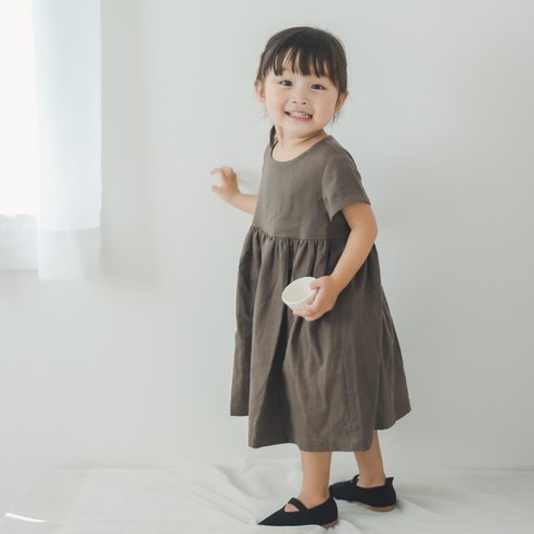 《80〜130cmオーダー可》フレンチスリーブ ココアのナチュラルワンピース 女の子 おしゃれ かわいい 大人っぽい 子供服 半袖 ダブルガーゼ 無地