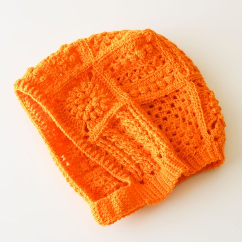 バラクラバ フードキャップ Hood cap Crochet motif×Bright orange/ クロシェ