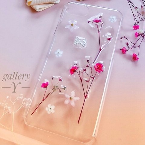 iPhone8/7　ドライフラワーカラーかすみそう　押し花ハードスマホケース🌸