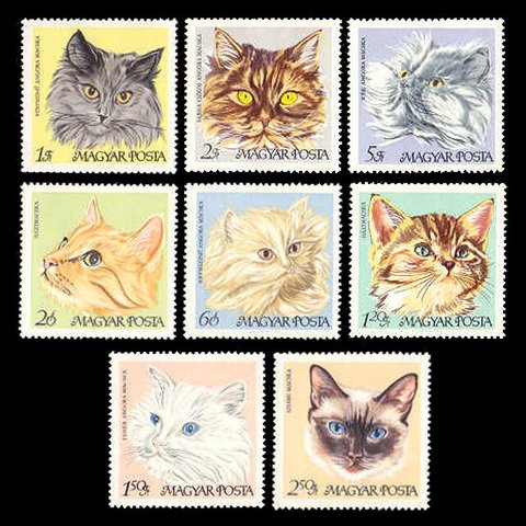 猫 ハンガリー 1968年 外国切手8種 未使用【猫切手 素材】