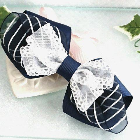 【送料込み】chiffon❇with navy&whiteリボンバレッタ         