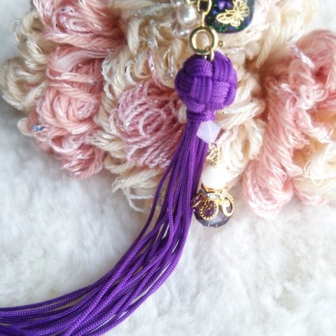 紫◇マザーオブパールと結び紐のタッセルかんざし
