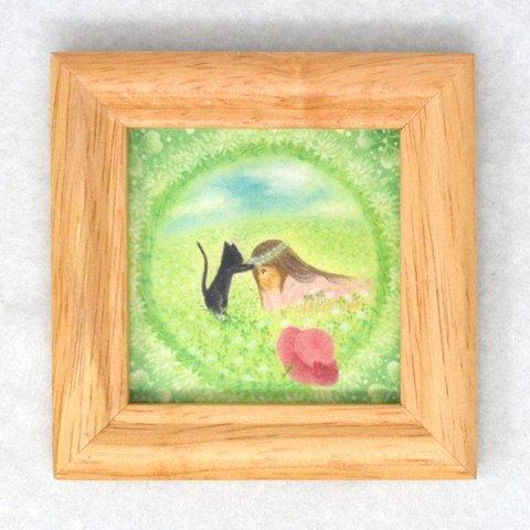 ミニ額 白詰草の花冠 ミニアート イラスト 絵 複製画 黒猫 女の子