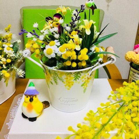 幸せを呼ぶミモザバードポット🌼🐦✨