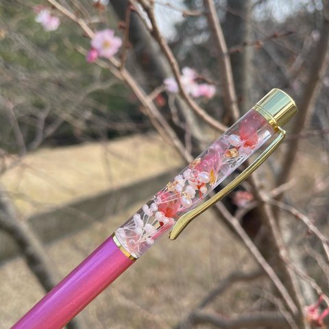 桜まるごと3輪 ♡名入れ可能【ハーバリウムボールペン】パープル 紫