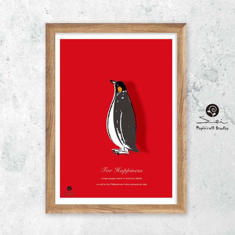 彼女と待ち合わせ　イラスト　オリジナルポスター　A4 　アート　seiで検索　誕生日プレゼント　結婚祝い　新築祝い　贈りもの　レッド　赤　かわいい　ペンギン　m-10