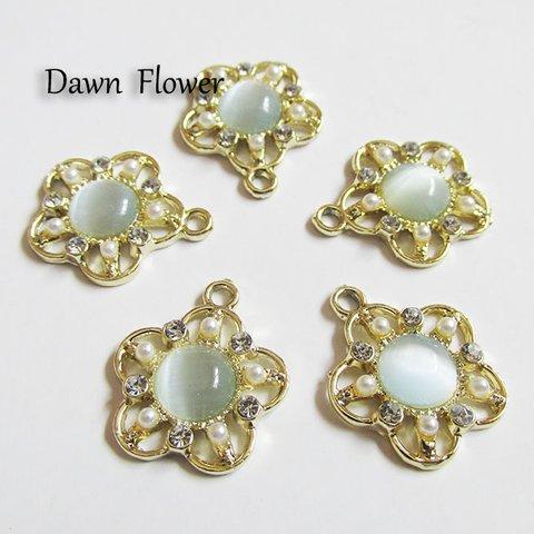 【D-0446】5pcs　キャッツアイストーン　お花　ラインストーン＆パール付き　22×19mm　　ゴールド＆ブルー　チャーム