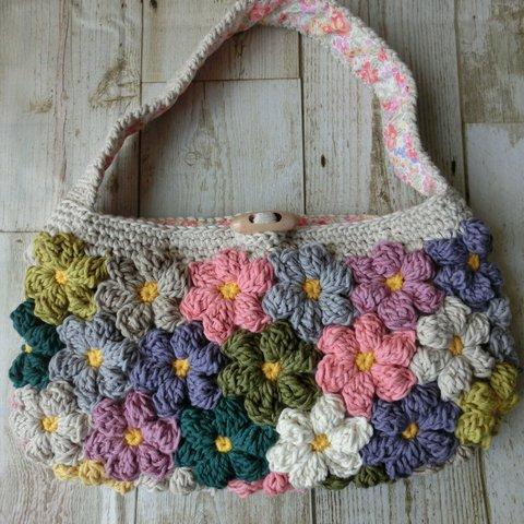 お花モチーフのワンショルダーバッグ（春夏用コットン）手編み