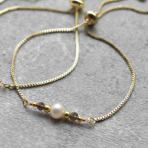  【スモーキークオーツ】pearl stone bracelet｟gold｠