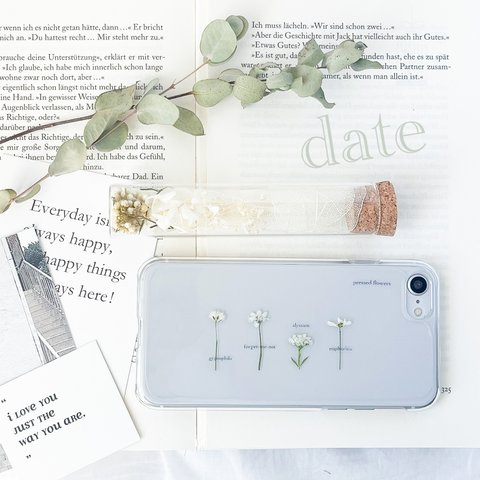 note white forget-me-not  植物標本 のような 押し花 スマホケース iPhone *。 date