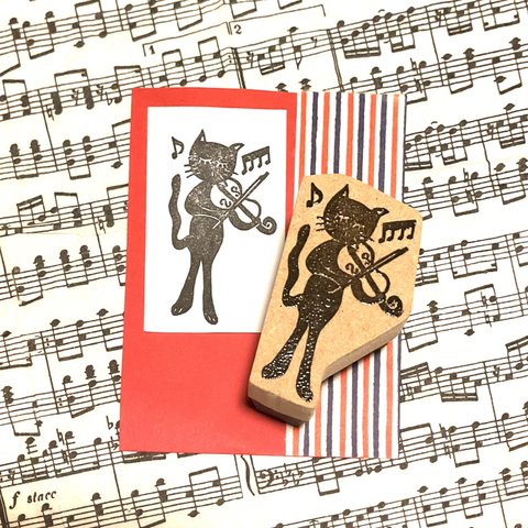 ♫〓楽器はんこ〓【黒猫&ヴァイオリン(大)】3.5×5.5㎝