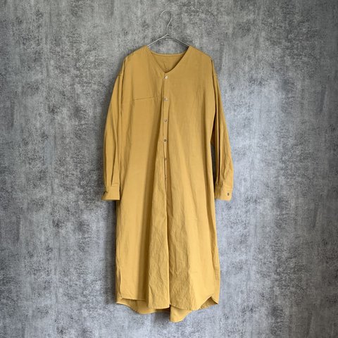 Sale ヘンプコットンシャツワンピース マスタード　Hemp cotton shirt dress　【秋物早割¥2200off】