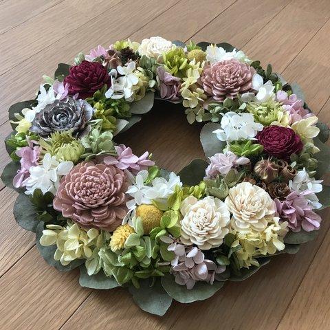 《母の日ギフト》💐シックでお洒落なくすみピンクのフラワーリース30cm（値下げしました＊1点限定）