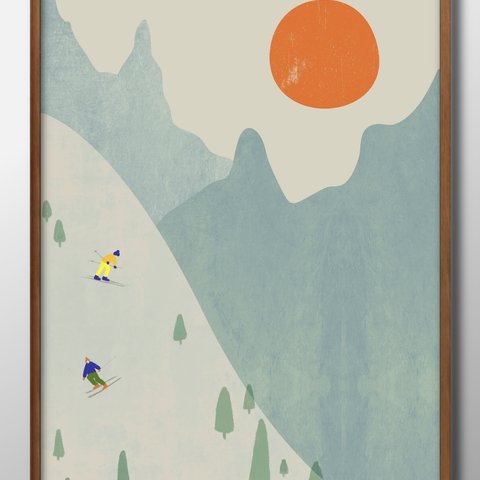 11893■A3アートポスター『スキー　雪　冬　ビンテージ』絵画　イラスト　デザイン　北欧　マット紙