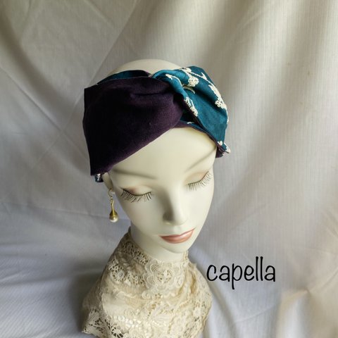 🌟capella🌟 《再販》グリーンブルームラ染めコットン刺繍　× 国産パープルリネンのクロス風ターバン　一体型・リバーシブル