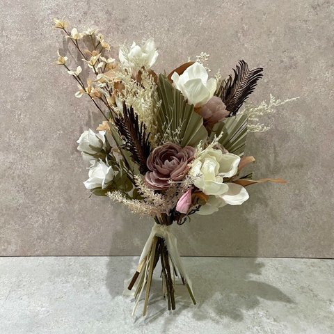 DRY BOUQUET アートフラワー＆ドライフラワー ブーケ（バラ×木蓮×白小花）　ドライフラワー アーティフィシャルフラワー 造花 ブーケ 結婚式 ウェディング