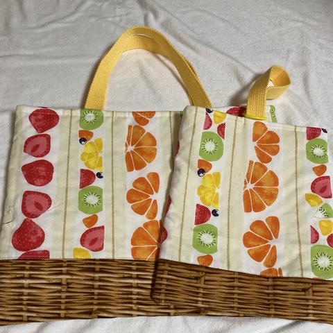 レッスンバッグ＆上履き入れセット🍓フルーツサンド柄🍊レモン色　ハンドメイド