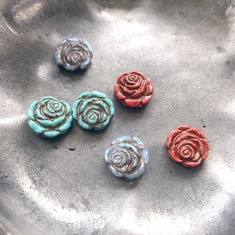 【3色2ペア6コセット】JIRI＊IVANA#czech beads #チェコビーズrose 14㍉ lightblue scarlet turquoise