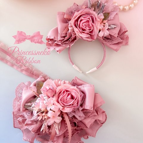 【受注制作】🌹薔薇のカチューシャ&チョーカーセット🎀robe🎀ベルサイユ💖くすみピンク🩷バレンタイン　撮影会　誕生日　ロココ