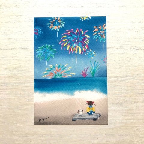 🎆透明水彩画「海辺の水中花火」イラストポストカード２枚セット  暑中見舞い 花火　犬　癒し　母の日　父の日🎆