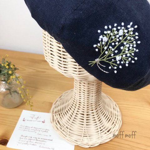 ✨大人気作品✨春夏秋【大人】国産リネン かすみ草刺繍 ベレー帽　 帽子　お出かけ　麻　サイズオーダー　母の日　手刺繍