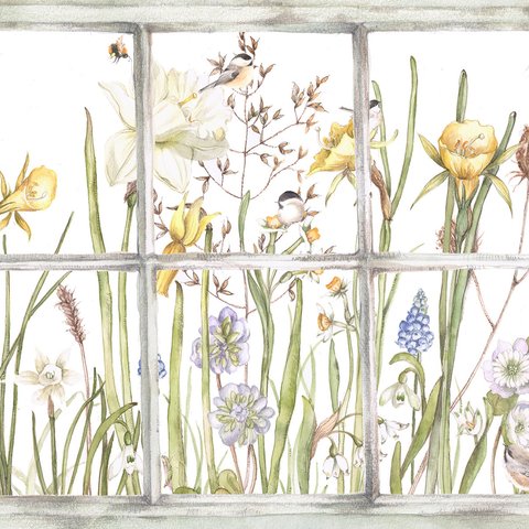 花と窓から見る春の鳥　アートプリント（複製画）A054