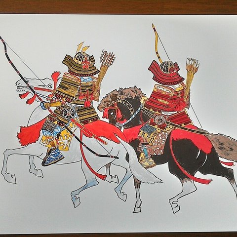 034　色鉛筆画  (水彩色鉛筆)A4サイズ　鎧武者イラスト　騎馬武者　サムライ