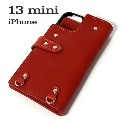 送料無料 手帳型 スマホケース iPhone 13 mini 用 スマホショルダー ハードカバー 革 レッド