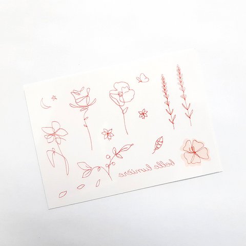 "Flower Garden" お花や葉っぱの赤い色の線画のタトゥーシール
