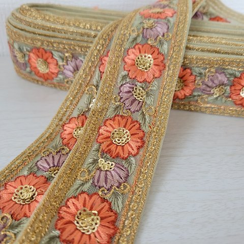 〖50cm〗インド刺繍リボン  <商品No.252 オレンジ>