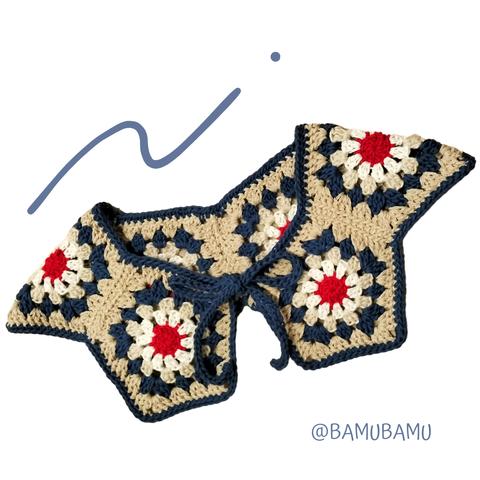 つけ襟：大きめモチーフ編み〚赤青〛
