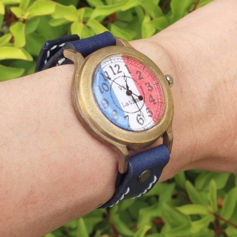 手作り腕時計　Via Latina(フランス国旗 & Navy Blue)   --- アンティークでシンプルな男性、女性兼用腕時計。ベルトは牛革を使用。