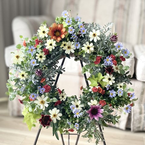 *:･ﾟ✧幸せのWreath「オレンジ＆ブルー　微笑みのとき」✧*:･ﾟ　　シルバーリーフのガザニアがおしゃれな、可愛いさと大人っぽさの寄せ植えWreath