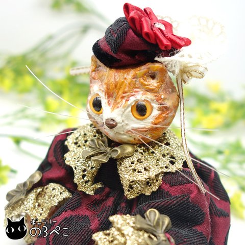 創作猫人形～ビロードドレスのおめかし茶トラ猫ちゃん　bc816-291