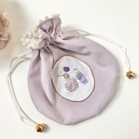 【ビーズ刺繍❤︎丸巾着／ポーチ】lavender perfume