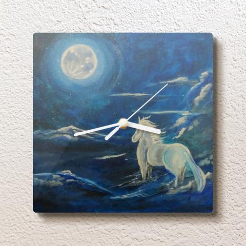 【送料無料】掛け時計　オリジナルおしゃれデザイン手書きプリント 美しい月夜の白馬のイラスト時計　C004
