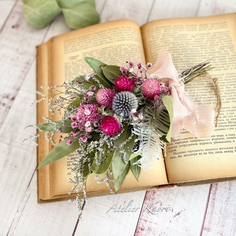 瑠璃玉アザミと千日紅のスワッグ                                                        結婚祝い 誕生日  引越し祝い  ドライフラワー   花束